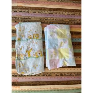 Vtg 70s Crib Sheet Yellow Bear Chick LionsBears Baby Retro Kitschy 2 Pcs Fabric